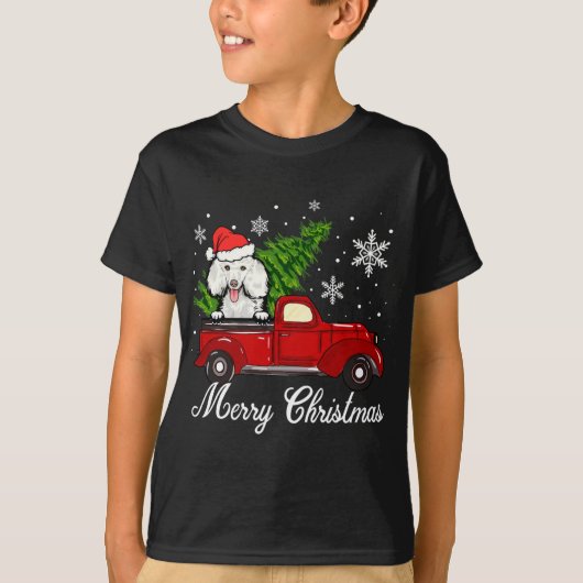 赤いトラックのクリスマスデコレーションに乗ってプードルドッグ Tシャツ (正面)