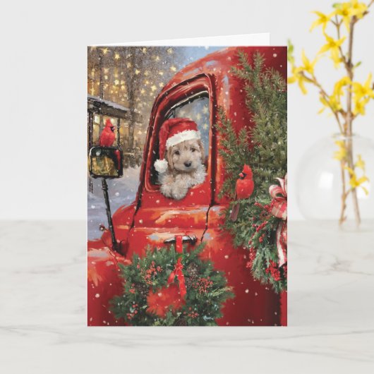 赤いトラックの子犬メリークリスマス カード (黄色い花)