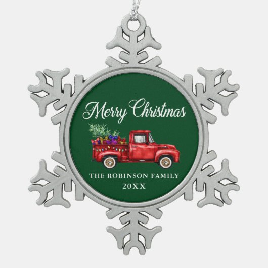 赤いトラックの木のギフトメリークリスマスネームイヤー スノーフレークピューターオーナメント (正面)