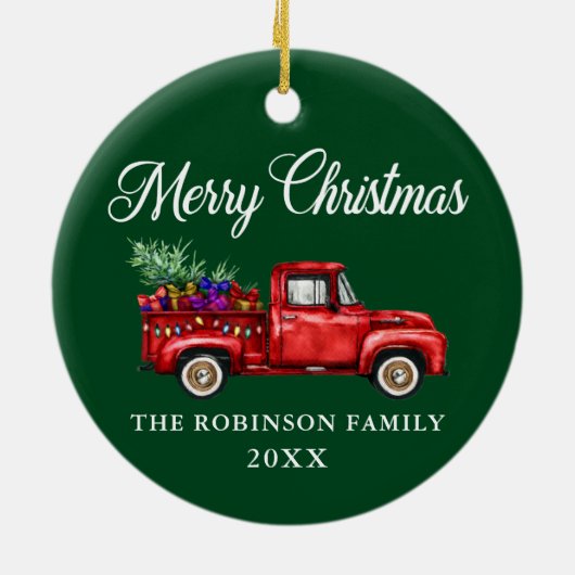赤いトラックの木のギフトメリークリスマスネームイヤー セラミックオーナメント (裏面)
