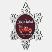 赤いトラックの木のギフトメリークリスマスバーガンディ スノーフレークピューターオーナメント (右)