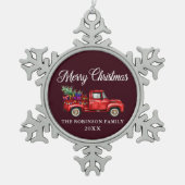 赤いトラックの木のギフトメリークリスマスバーガンディ スノーフレークピューターオーナメント (正面)