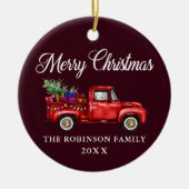 赤いトラックの木のギフトメリークリスマスバーガンディ セラミックオーナメント (正面)