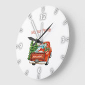 赤いトラックの松の木がクリスマス ラージ壁時計 (傾斜)