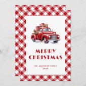 赤いトラックの格子雪のメリークリスマスカード シーズンカード (正面/裏面)