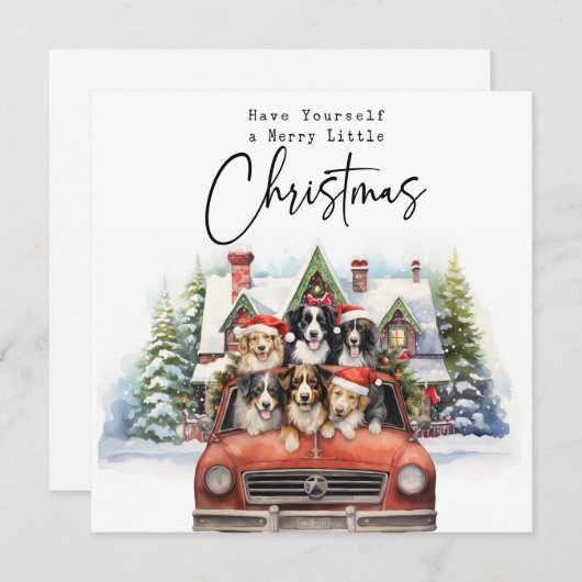 赤いトラックの犬とメリークリスマスハウス シーズンカード (正面/裏面)