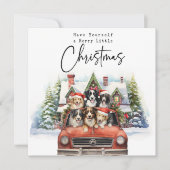 赤いトラックの犬とメリークリスマスハウス シーズンカード (正面)