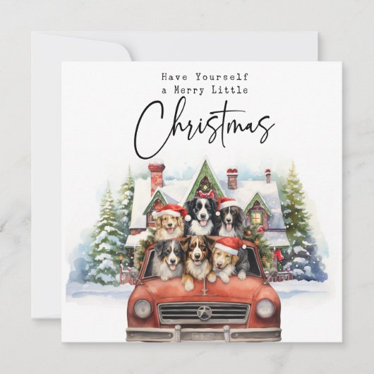 赤いトラックの犬とメリークリスマスハウス シーズンカード (正面)