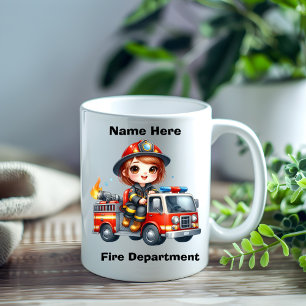 赤いトラックを運転する幸せな消防士 コーヒーマグカップ