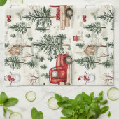 赤いトラック(ギフトと雪だるま) キッチンタオル (折り畳み)