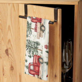 赤いトラック(ギフトと雪だるま) キッチンタオル