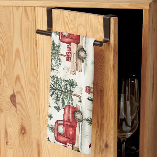 赤いトラック(ギフトと雪だるま) キッチンタオル (三つ折り)