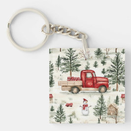 赤いトラック(ギフトと雪だるま) キーホルダー