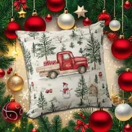 赤いトラック(ギフトと雪だるま) クッション