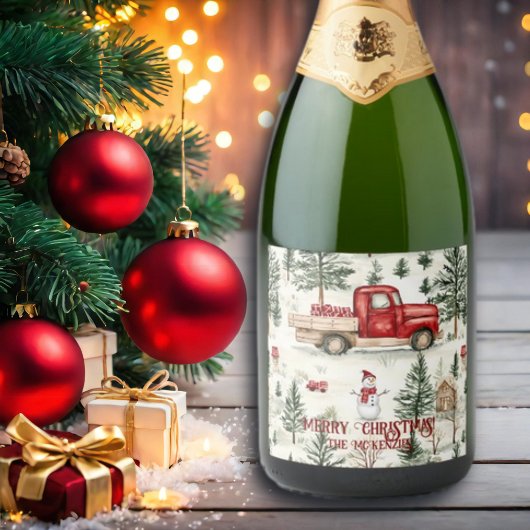 赤いトラック(ギフトと雪だるま) スパークリングワインラベル