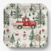 赤いトラック(ギフトと雪だるま) ペーパープレート (正面)