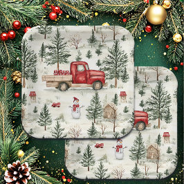 赤いトラック(ギフトと雪だるま) ペーパープレート