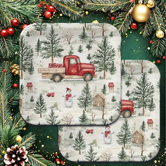 赤いトラック(ギフトと雪だるま) ペーパープレート