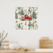 赤いトラック(ギフトと雪だるま) ポスター (キッチン)