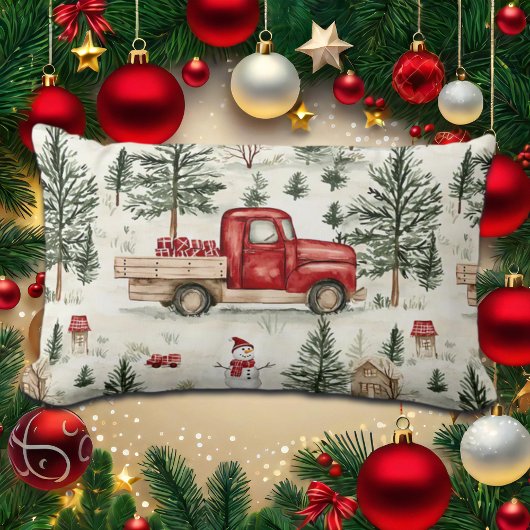 赤いトラック(ギフトと雪だるま) ランバークッション
