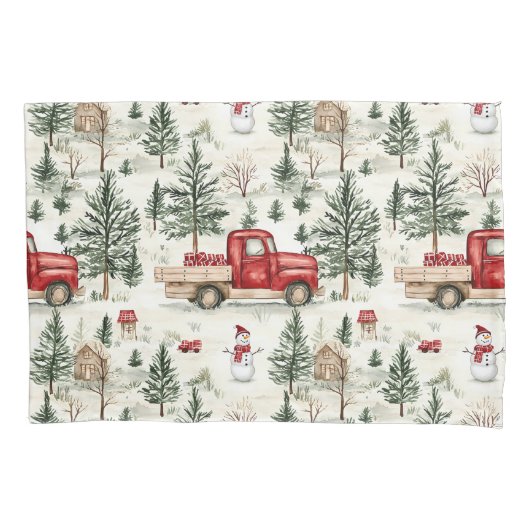 赤いトラック(ギフトと雪だるま) 枕カバー (正面)