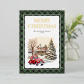 赤いトラック メリークリスマス 緑のバイソン柄 ゴールド 箔シーズンカード (立ち正面)
