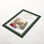 赤いトラック メリークリスマス 緑のブッファロープレイド ゴールド 箔シーズンカード (回転した状態)