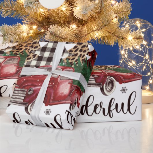 赤いトラック、松の木 ラッピングペーパー (クリスマス)