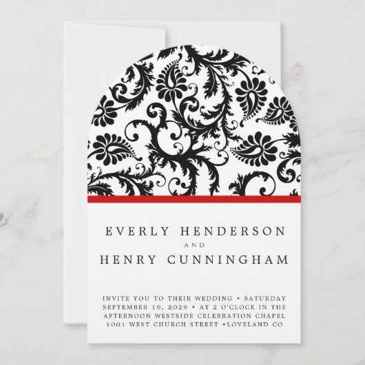 赤いトリムで白に黒いダマスクの渦巻き 招待状 (正面)
