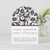 赤いトリムで白に黒いダマスクの渦巻き 招待状 (スタンド正面)