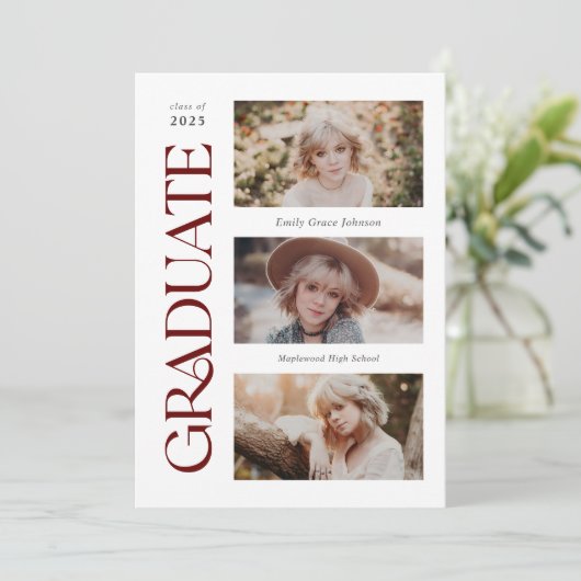 赤いトレンディーセリフ複数写真の卒業 案内状 (スタンド正面)