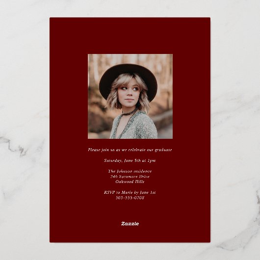 赤いトレンディーセリフ複数写真の卒業 箔招待状 (裏面)