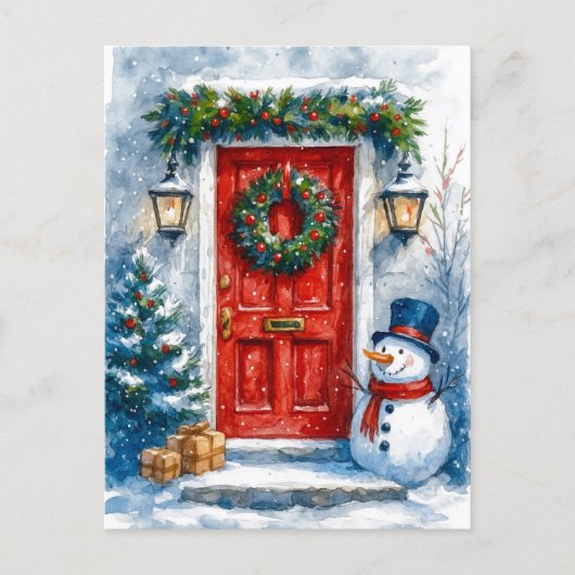 赤いドアと雪だるまのあったかクリスマス ポストカード (正面)