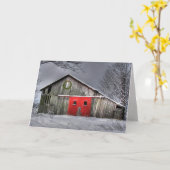 赤いドアのクリスマスバーン カード (黄色い花)