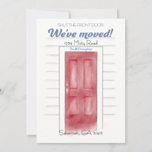 赤いドアを閉めるアノンセメントカード 招待状 (正面)