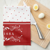 赤いドットとヴィンテージフローラ旋回フレームモノグラム キッチンタオル (四つ折り)