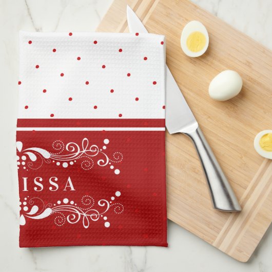 赤いドットとヴィンテージフローラ旋回フレームモノグラム キッチンタオル (四つ折り)