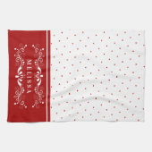 赤いドットとヴィンテージフローラ旋回フレームモノグラム キッチンタオル (横)