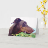 赤いドバーマンの誕生日カード カード (黄色い花)