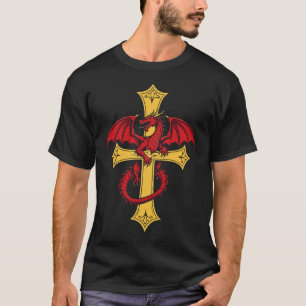 赤いドラゴンと中世の十字架 Tシャツ