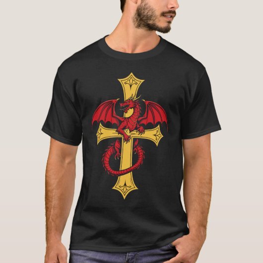 赤いドラゴンと中世の十字架 Tシャツ (正面)