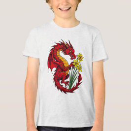 赤いドラゴンと水仙のデザイン トライブレンドTシャツ