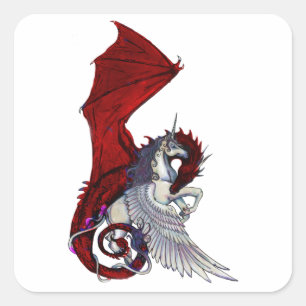赤いドラゴンのDragonessの深紅色のファンタジーのユニコーンの馬 スクエアシール