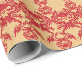 赤いドラゴンズの金ゴールド背景の折り返し紙 ラッピングペーパー (ロールコーナー)