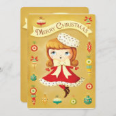 赤いドレスのかわいい人形ヴィンテージクリスマスカード シーズンカード (正面/裏面)