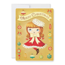 赤いドレスのかわいい人形ヴィンテージクリスマスカード