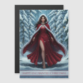 赤いドレスのクリスマスエルフの森のマグネットカード (正面/裏面)