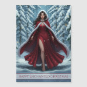 赤いドレスのクリスマスエルフの森のマグネットカード (正面)