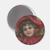 赤いドレスのヴィンテージクリスマスビクトリアンの子 マグネット (正面/裏面)