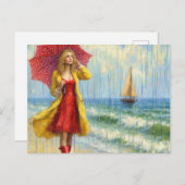 赤いドレスの女の子歩く雨の中のビーチ ポストカード (正面/裏面)